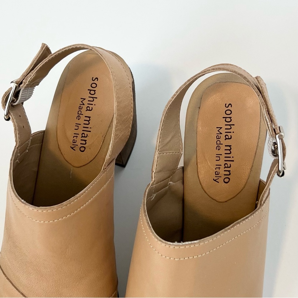 Sophia Milano tan leather mule clogs Open toe heels Sling back heeled sandals - Picture 5 of 9